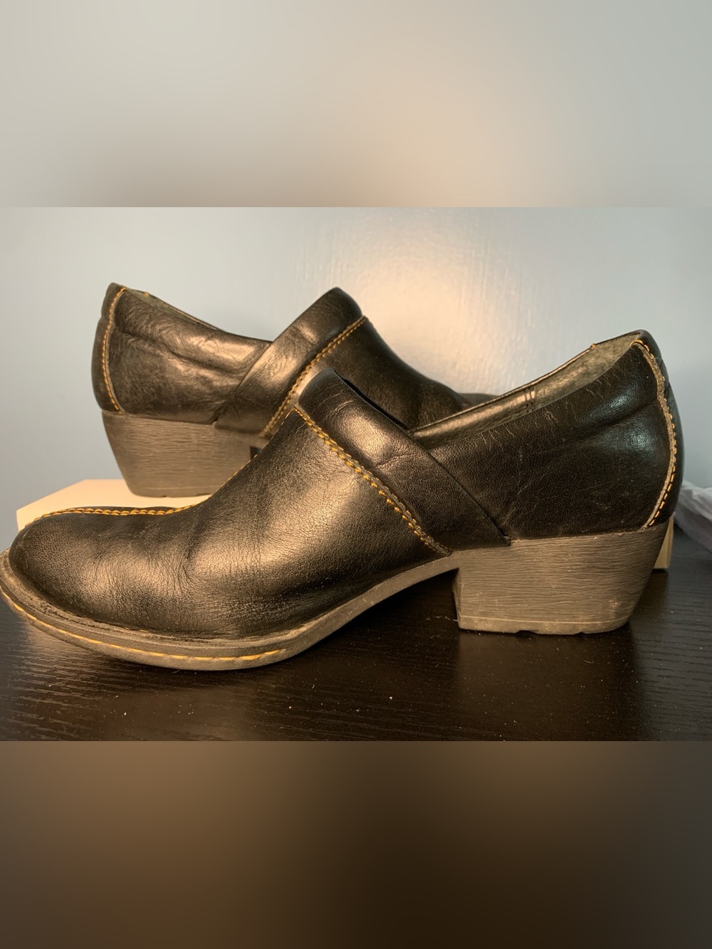Born Black Leather Slip-On Mules with Tan Contrast Stitching